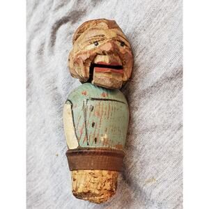 VIntage Black Forest carved wood bottle cork / stopper. Mouth Action Works